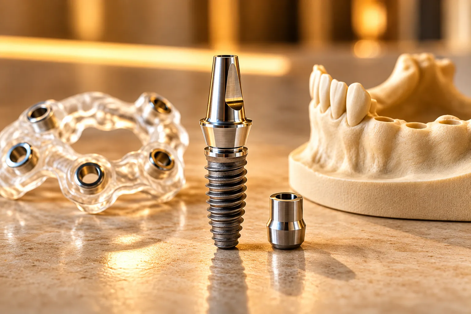 A titanium dental implant and abutment beside a surgical guide and jaw model