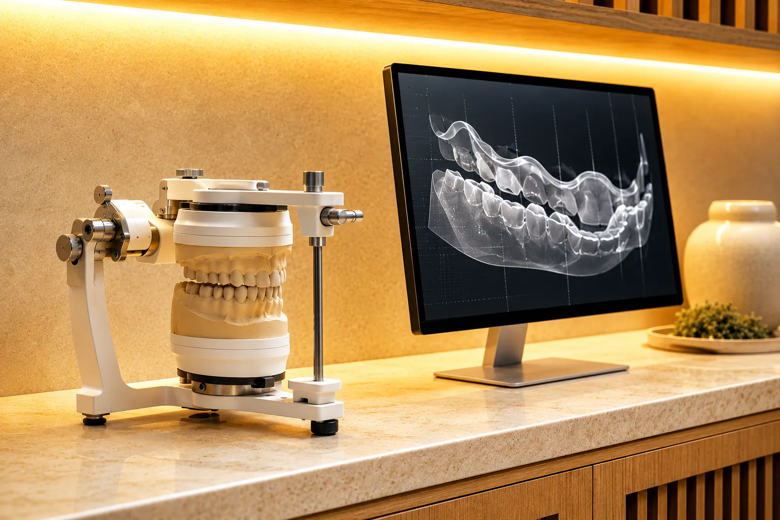 A dental articulator holding study models beside a digital bite-scan display