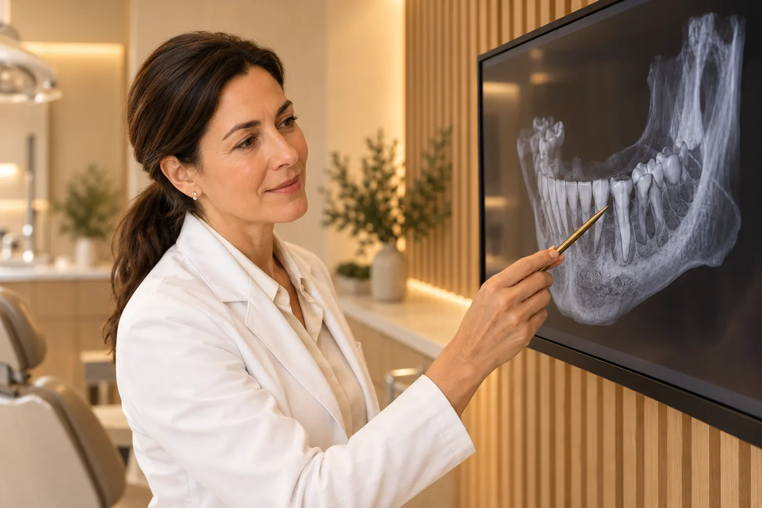 Dr. Jane Smith reviewing a 3D jaw scan before planning a graft