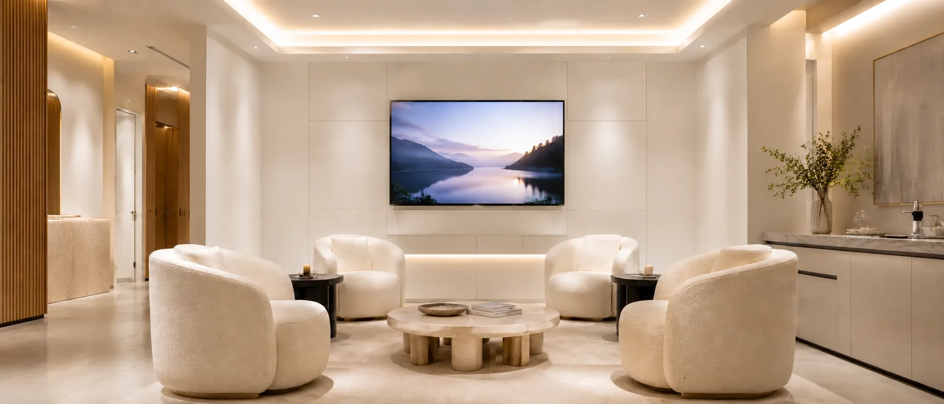 The PerioEdge patient lounge with soft seating and warm lighting