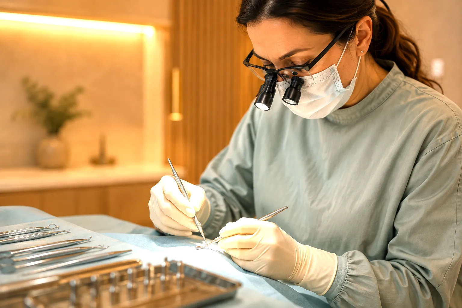 Precision instruments laid out for a grafting procedure in the PerioEdge surgical suite
